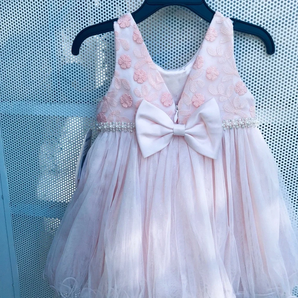 American Princess Light Pink Floral Pearl-Trim Tulle Dress